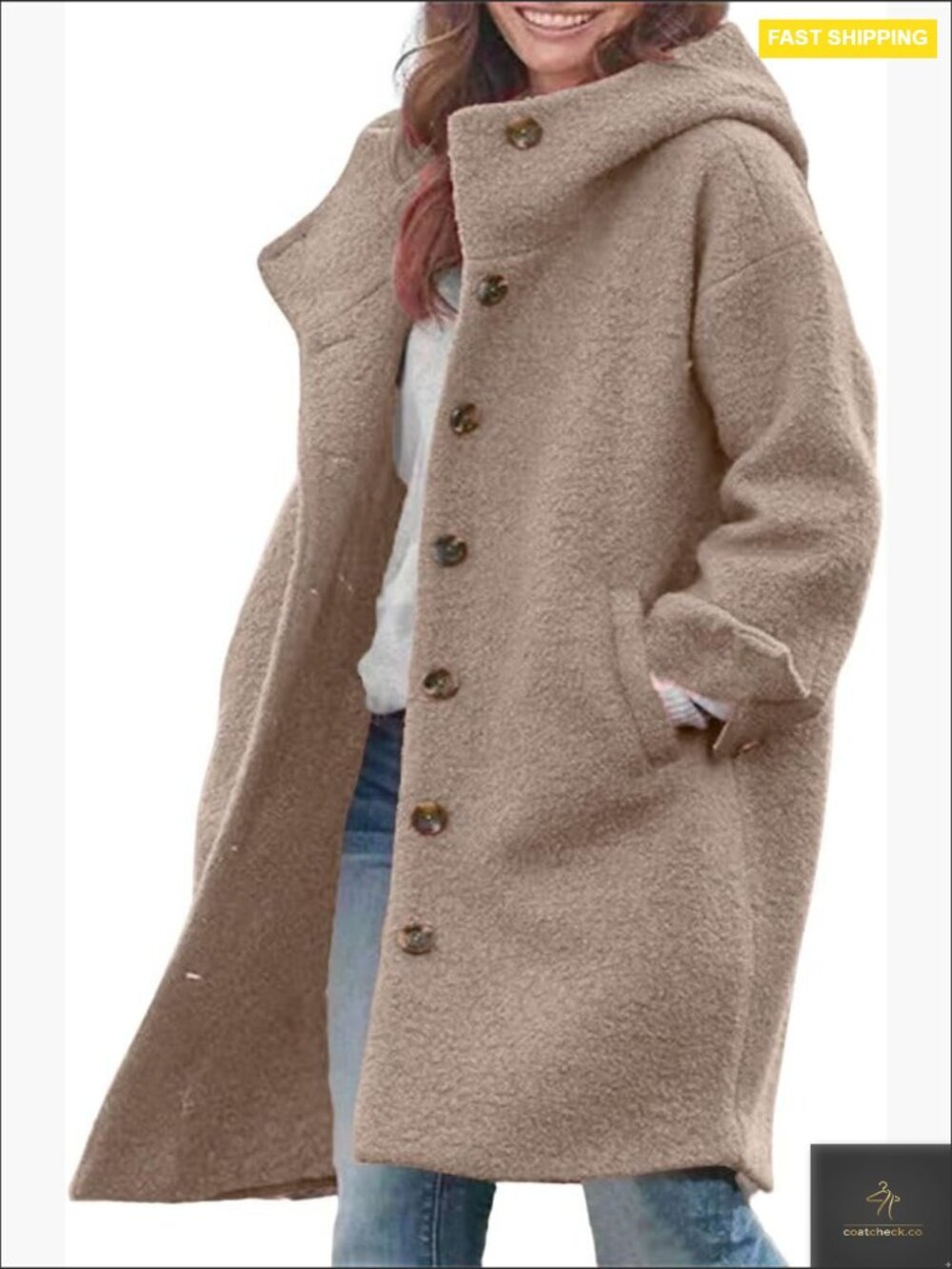 Women's Wool Blend Trench Coat Hooded Casual Winter Pea Coat Loose Fit